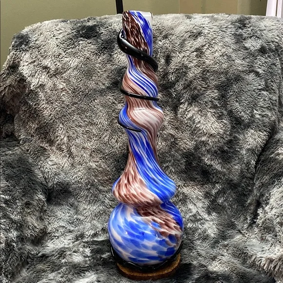 TALL Blown Glass Abstract Art
Vase Blue Brown Swirl Colors Black glass band - Picture 2 of 16